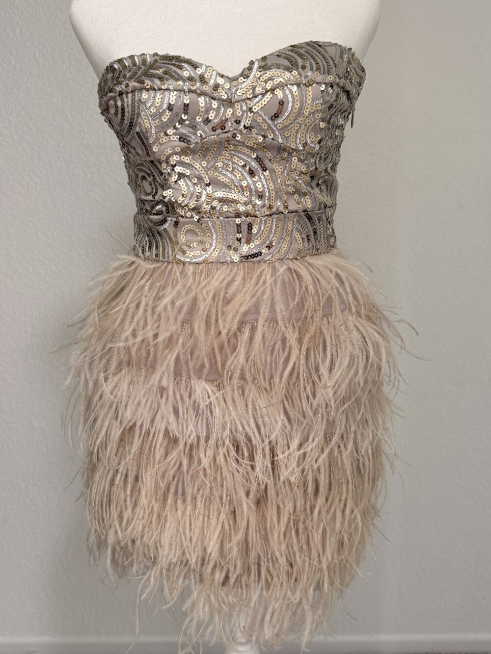 Bebe "Isis" Silver Speakeasy Strapless Sequin & Feather Champagne Cocktail Dress